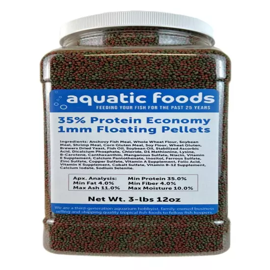 1mm - 1/32" 35% Protein Economy Floating Pellets for Tropicals & More. WL-JAR