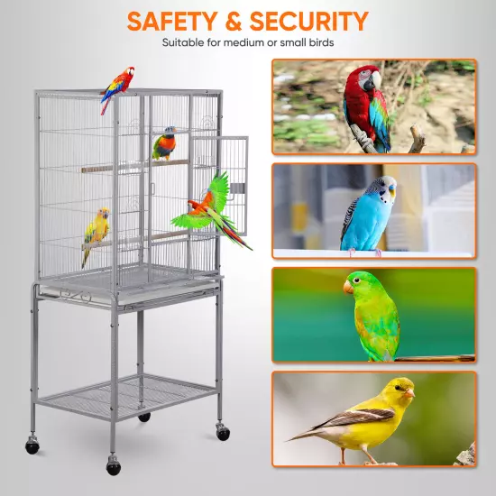 53" Parakeet Bird Cage Pet Parrot Flight Cage for Cockatiels Rolling Stand White