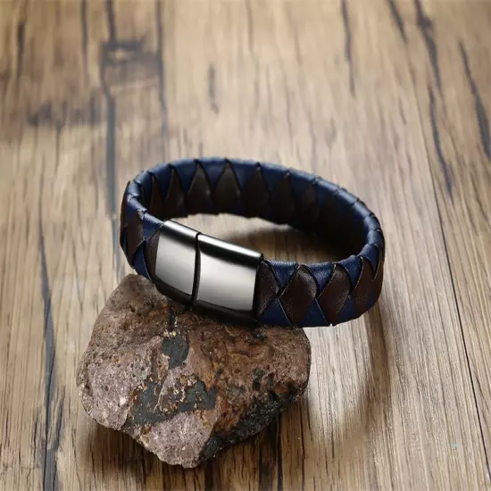 Men'S Personalized Stainless Steel Brown & Blue Braided Genuine Leather Bracelet