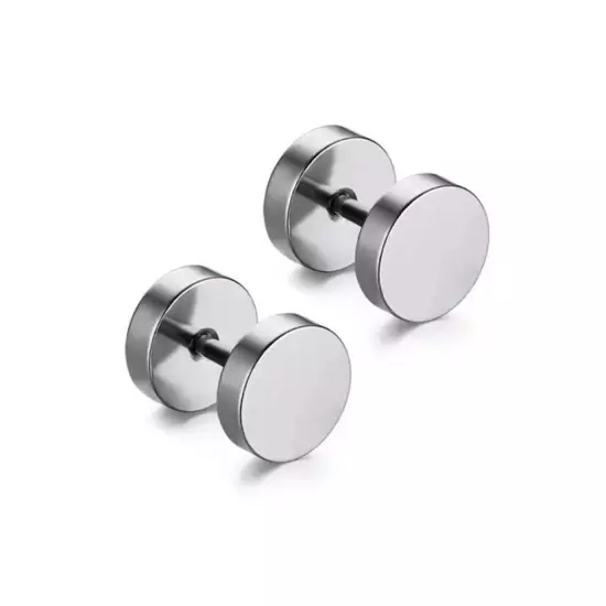 Stainless Steel Pair Black Flat Round Barbell Plug Stud Earrings Mens Gym 14-3mm