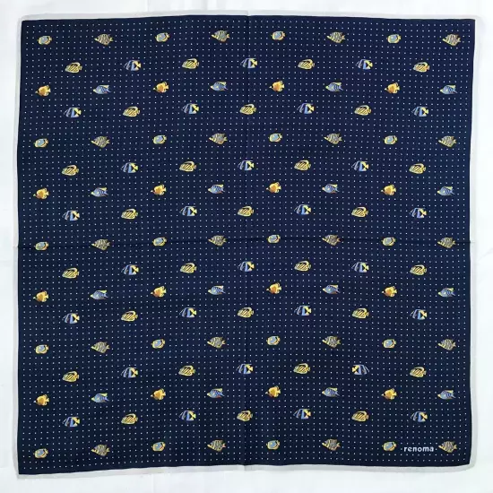 Vintage Handkerchief Blue Cotton Polka Dot & Clownfish Pattern Pocket Square 18"