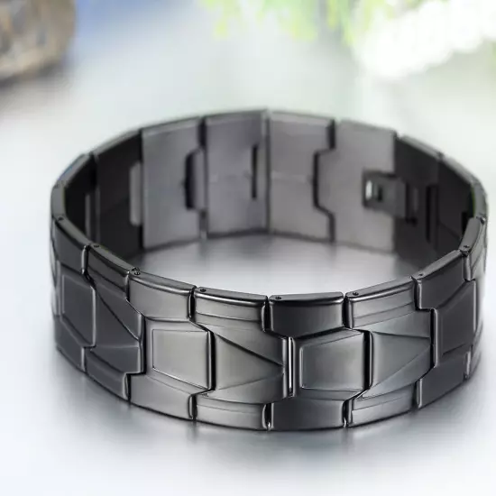 Men's High Polished Stainless Steel Black Greek Key Link Chain Bracelet Bangle