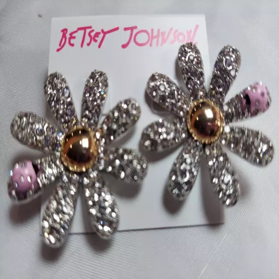 NWT Betsey Johnson Silver with Gemstones and Pink Ladybugs Earrings "Big"