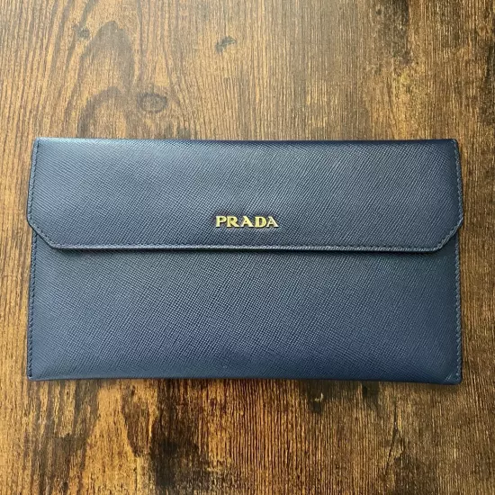 Prada Saffiano Leather Wallet Passport Travel Holder Blue Unisex Purse