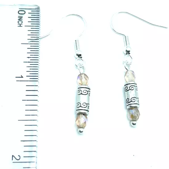 Brighton Gleam Etched Silver Cylinders & Peach Beads Dangle Custom Earrings