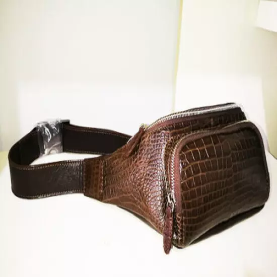 9AUTH Belly Genuine CROCODILE ALLIGATOR SKIN LEATHER Waist Bag- Chocolate Brown