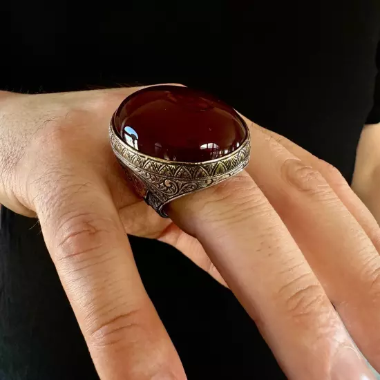 925 Sterling Silver Agate Stone Turkish Handmade Huge Men's Ring