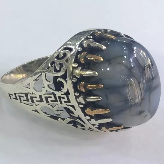 Men Silver Ring 925 Sterling Yemen Aqeeq Agate خاتم عقيق يمني شجري مصور حبة فحل