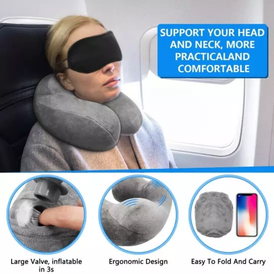 Inflatable Air Travel Pillow Airplane Office Nap Rest Neck Head Ear Plugs Mask