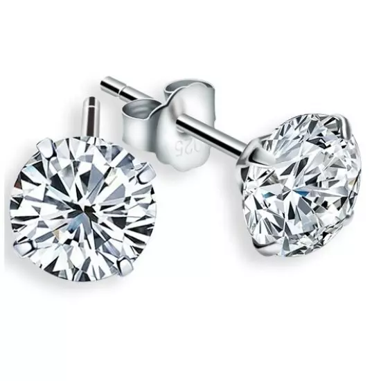 Genuine 925 Sterling Silver Simulated Diamond Stud Earrings Piercing 2.5mm - 8mm