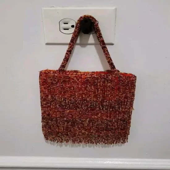 Express Beaded Purse / Handbag Double Handle Fringed Floral Red