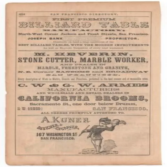 1880 San Francisco Gun & Billiard Maker Advertisement Klepzig Co & Joseph Bank 