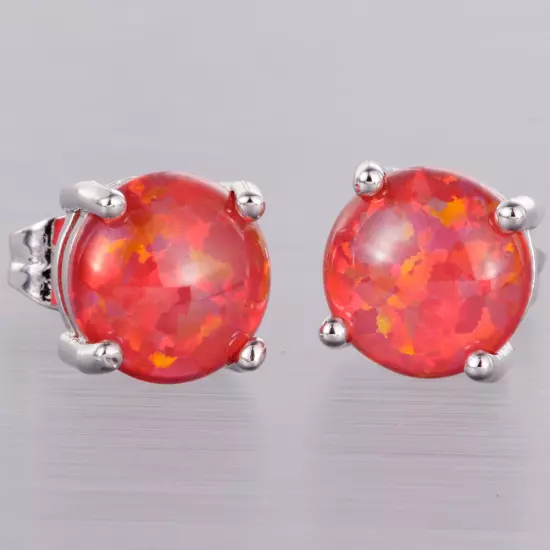 Red Fire Opal 8mm Round Cabochon Silver Jewelry Women Simple Stud Earrings