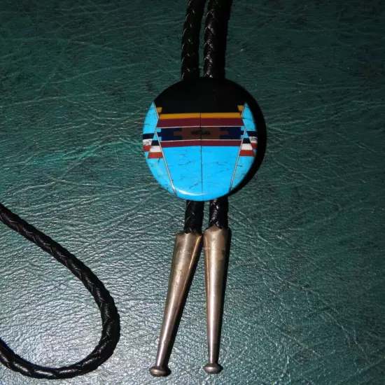 44" BOLO TIE BLACK LEATHER STONE INLAY Vtg