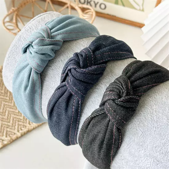 Women Girl Retro Denim Hair Band Cross Twisted Wide Headband Head Hoop Headwear