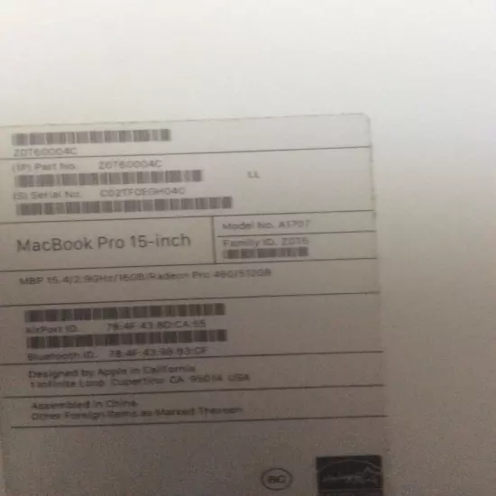 MacBook Pro 15 -Inch Model No.A1707 (Empty Box) Only