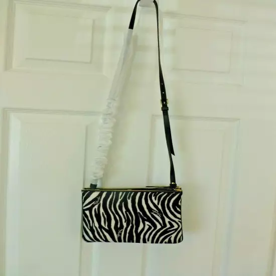 Jimmy Choo NWT Candice Double Pouch Nylon Zebra Logo Print Crossbody Bag $535