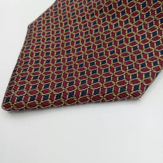 Brooks Brothers Makers Mens Silk Foulard Tie-Burgundy Navy Gold 60" Necktie Vtg