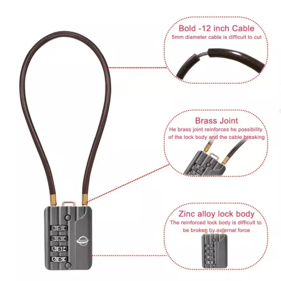 4 Digit Cable Combination Lock 12 inches Bold Cable for School Gym Locker,Hel...