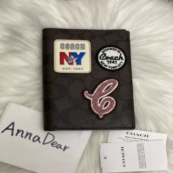 NWT Coach New York NY Passport Case Signature Canvas / Brown With Patches