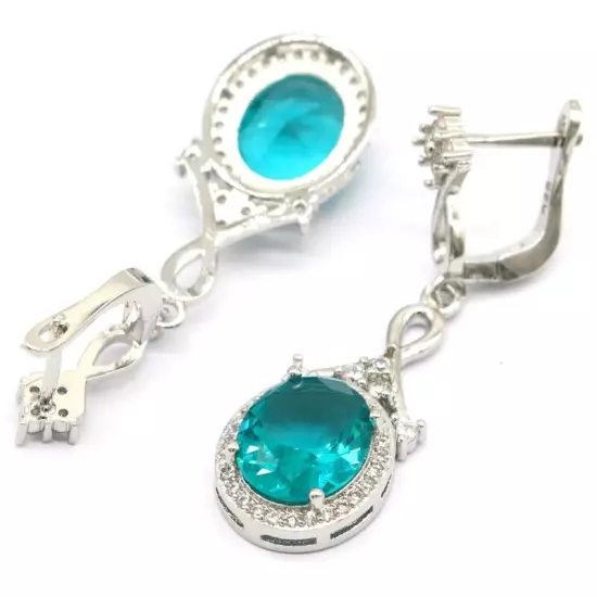 Beautiful Rich Blue Aquamarine White CZ Woman's Present Silver Earrings