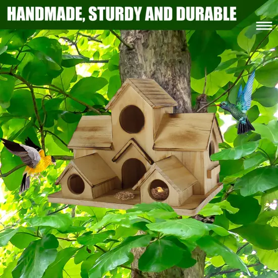 Bird House with 6 Holes Handmade Wooden Birdhouse Hanging Bird Nesting Box._