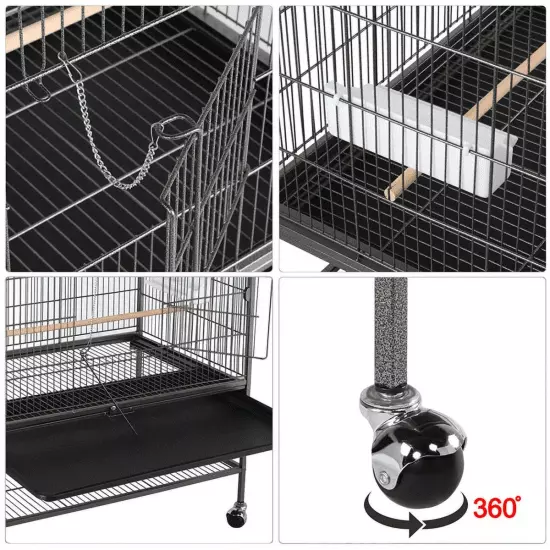 Metal 52" Large Rolling Bird Cage with 3 Perches and 4 Feeders, Black