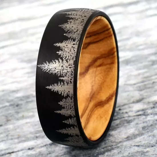 8mm Tungsten Carbide Men's Black Forest Tree Scene Olive Wood Wedding Band Ring