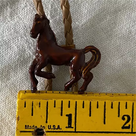 Bolo Tie Enamel Horse Prancing Western Ranch Rodeo Leather Braid Cord Brown