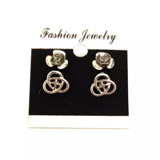 New Fashion Jewelry Women's 2 Pair Stud Earrings Silvertone Roses & Celtic Knots