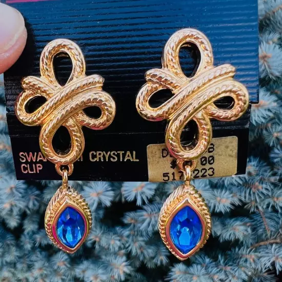 Vintage Swarovski Knot Blue Crystal Drop Clip Earrings