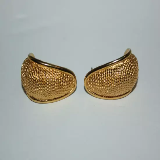 Vtg. AK Anne Klein Half Hoop Textured Gold Tone Pierced Earrings 1.25", Signed