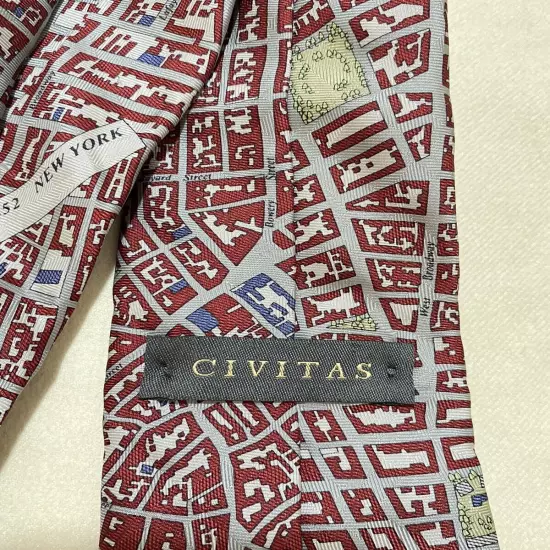 Civitas 1852 New York All Silk Gray & Burgundy City Map Pattern Men’s Necktie EC