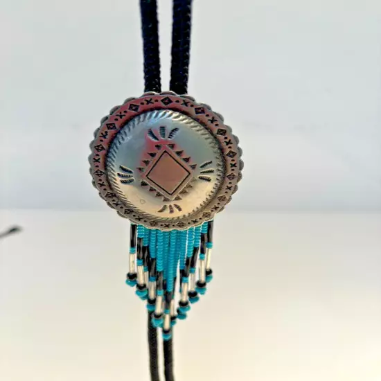 Southwestern Bolo Tie, Hammered silvertone metal with beading