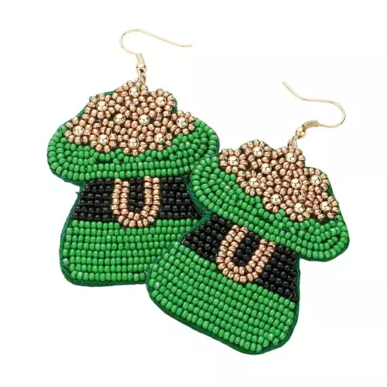 Green Felt Back St Patricks Leprechaun Hat Beaded Dangle Earrings