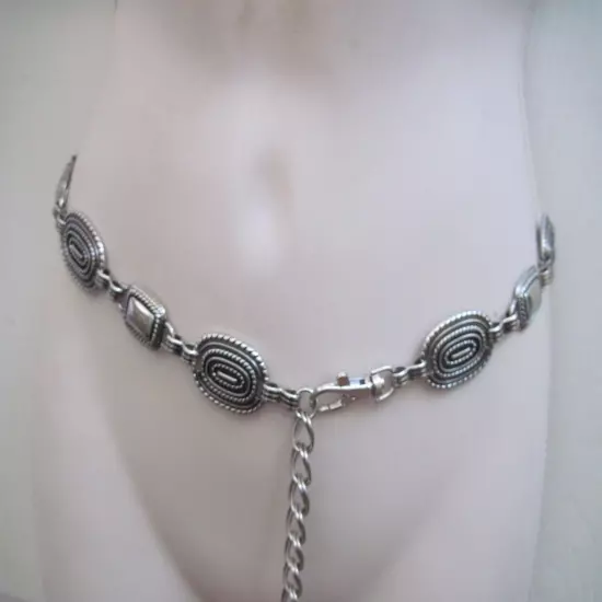 70's Ornate Silver Vintage Chain Belt O/S Adjustable Waist Full Length 58"