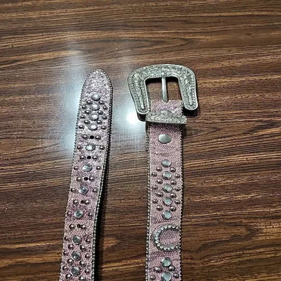 Pink Nocona Western Rhinestone Belt Horseshoe Leather Bling Barbiecore 27" Girls