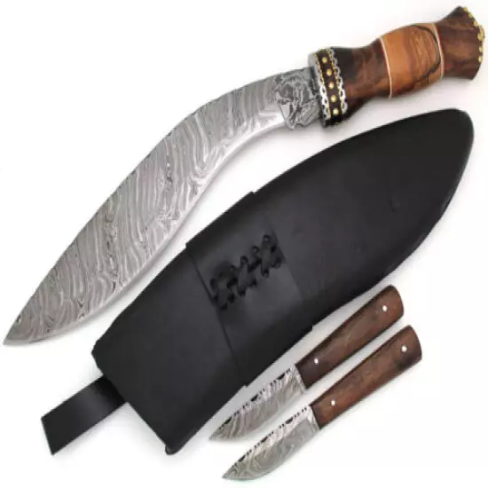 Wild Turkey Handmade Damascus Collection Rose Wood Handle Full Tang Gurkha Kukri