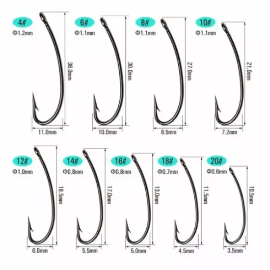 500PCS Nymphs Dry Fly Tying Hook Curved York Bend Straight Eye 3X Long Shank