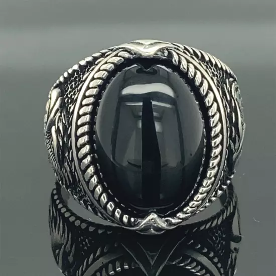 925k Silver Black Onyx Gemstone Ring Men Handmade Eagle Model Ring