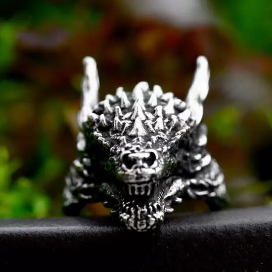 Men's Powerful Dragon Head Ring Stainless Steel Horn Dragon Vintage Biker Ring