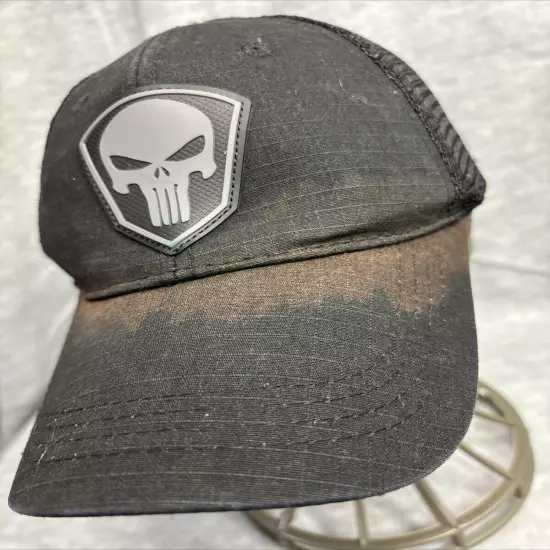 Highland Tactical Hat Black Punisher Skull Trucker Snap Back Distressed Cap