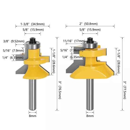 2PCS 8mm Shank Tenon Joint Router Bits Set Tongue & Groove Woodworking Cutter