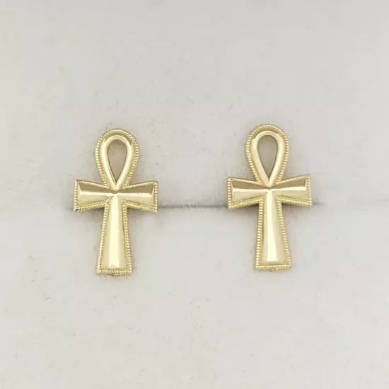 10K Yellow Gold Ankh Cross Earrings Egyptian Cross Earrings 13.5 mm x 7.5 mm