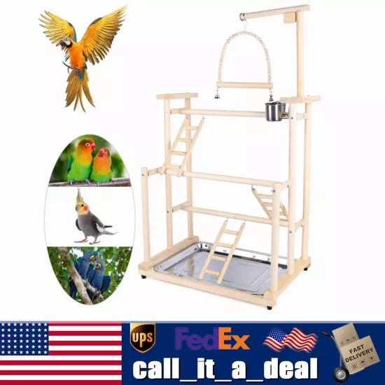 3 Layers Large Wood Bird Playground Parrot Playstand Bird Stand Perch Gym Frame