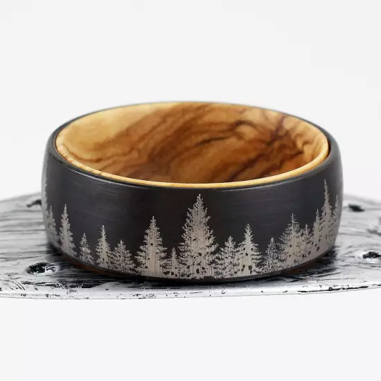 8mm Tungsten Carbide Men's Black Forest Tree Scene Olive Wood Wedding Band Ring