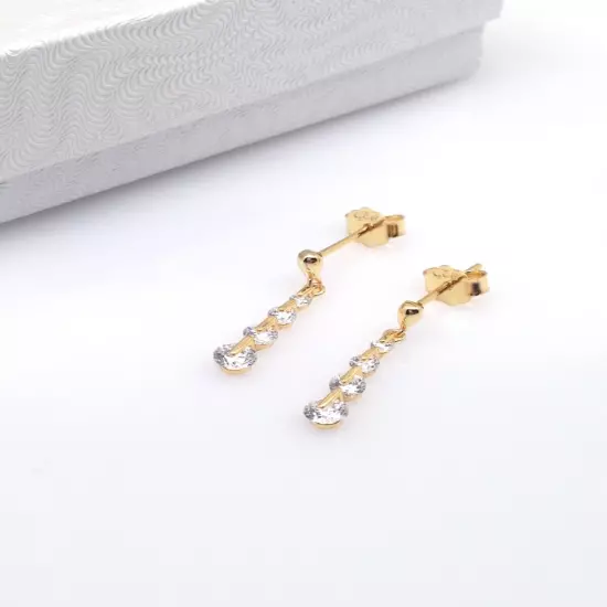 Dainty Graduated Cz Dangle Earrings 925 Sterling Silver 19mm x1.5/3.2mm Gold