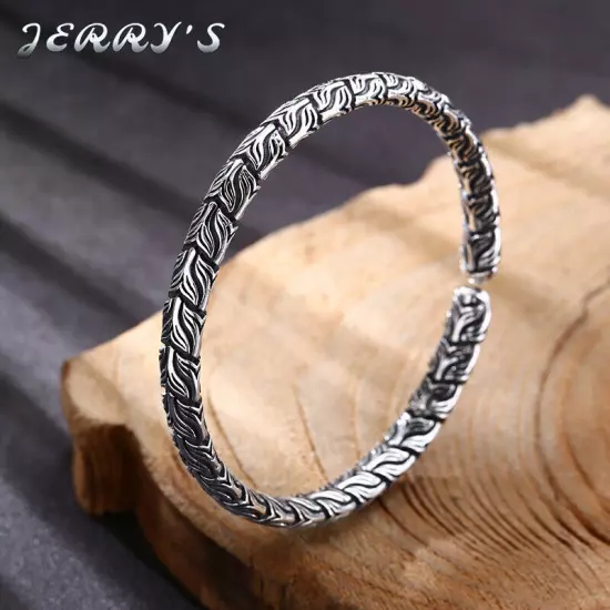 7MM Mens Vintage Real 925 Sterling Carved Bracelet Bangle Open Size 58MM in Dia