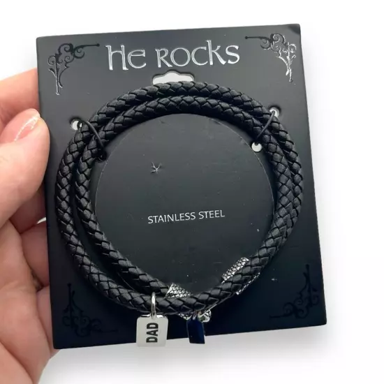 NWT He Rocks Men's Stainless Steel Dad Leather Wrap Bracelet in Black NEW