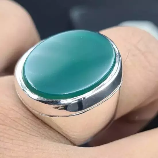 Men's Green Yemeni Aqeeq Ring - Unheated, Natural Yamani Hakik, Real Agate Stone